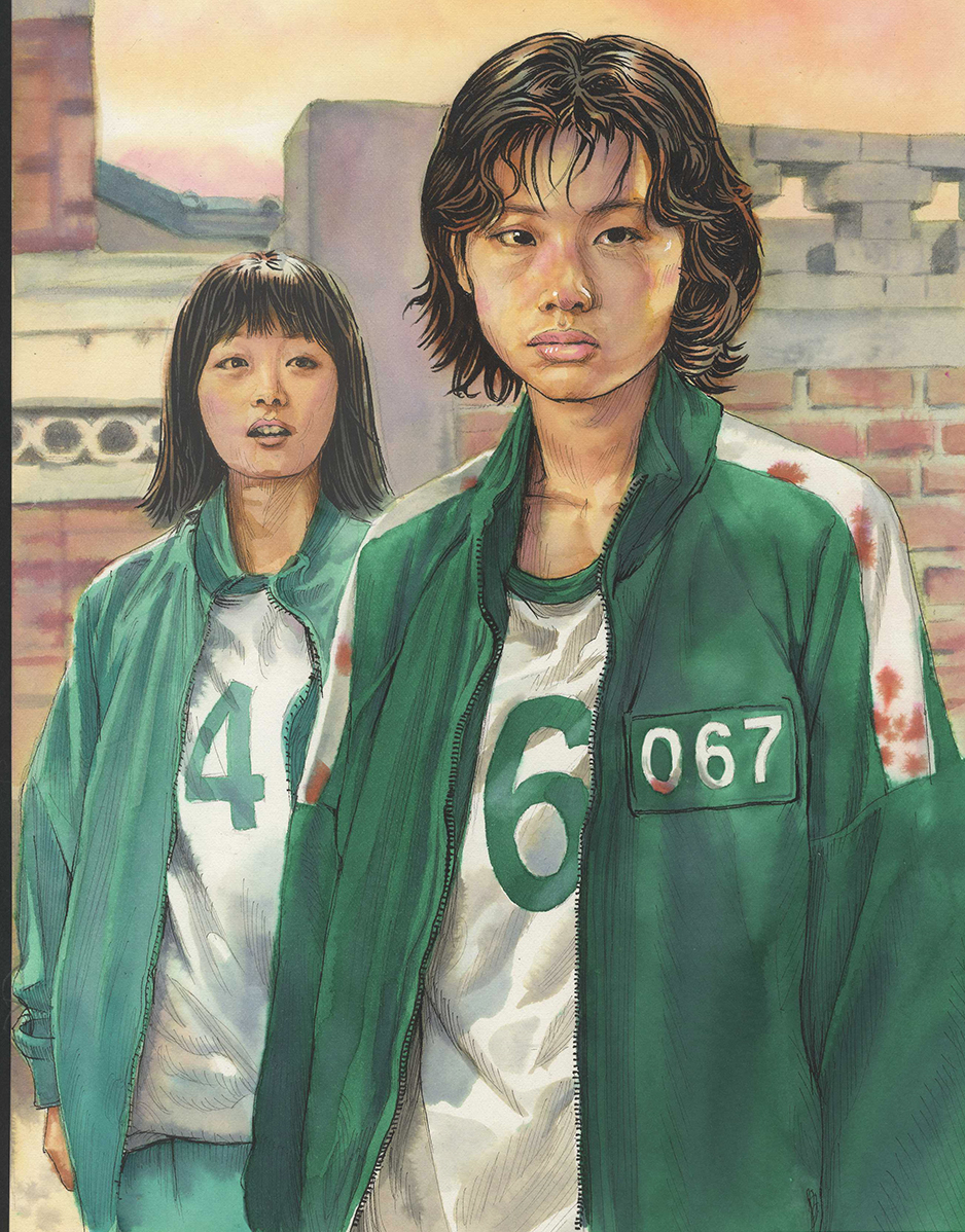 2girls, black_eyes, black_hair, blood, blood_on_clothes, brick_wall, closed_mouth, color_ink_(medium), commentary_request, green_jacket, green_pants, green_track_suit, jacket, ji-yeong, juna_(junastern), kang_sae-byeok, multiple_girls, open_mouth, pants, realistic, squid_game, teeth, track_suit, traditional_media, upper_teeth_only