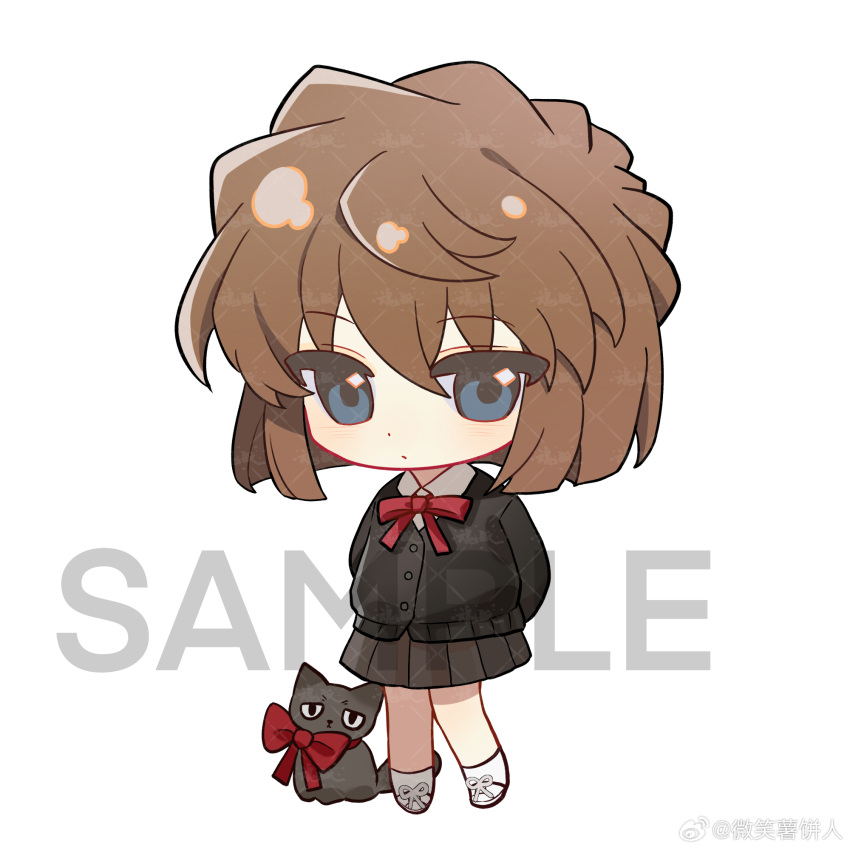 1girl, animal, arms_behind_back, bisho_imobing_hito, black_sweater, blue_eyes, bow, brown_hair