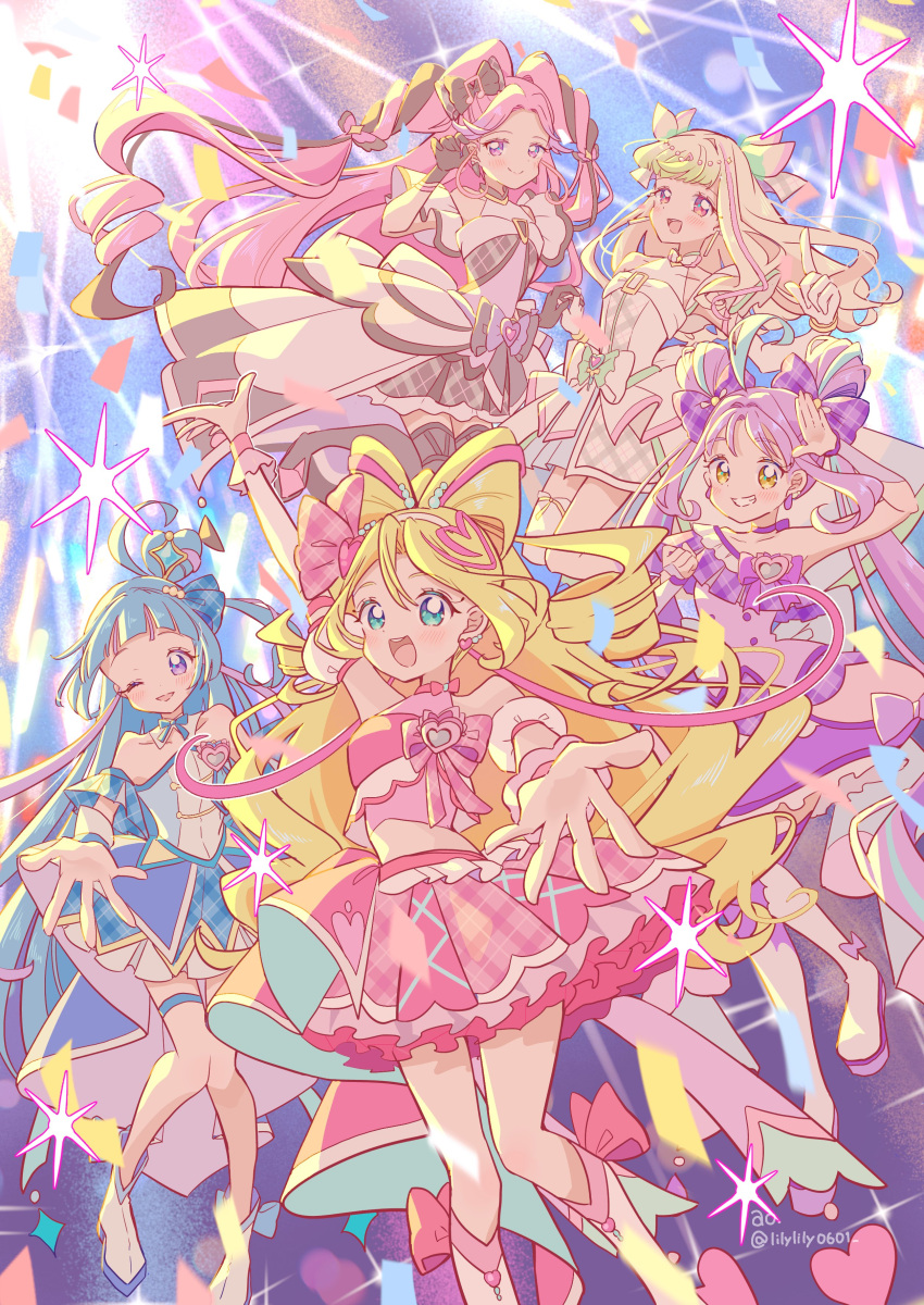 5girls, absurdres, ahoge, ankle_boots, aokaze_nana, arm_up, armband, artist_name