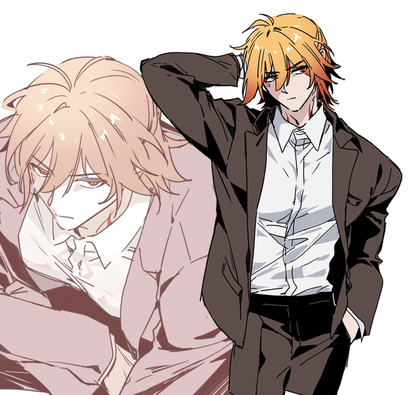 1boy, alternate_costume, black_jacket, black_pants, blonde_hair, braid, cm_(tenji1352), collared_shirt