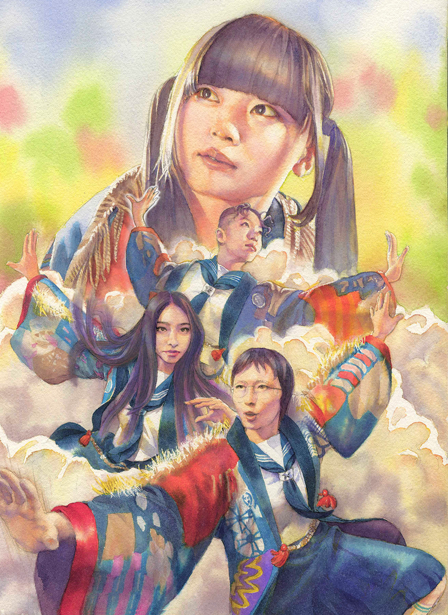 4girls, atarashii_gakkou_no_leaders, black_hair, closed_mouth, color_ink_(medium), commentary_request, haori, highres, japanese_clothes, juna_(junastern), kanon_(atarashii_gakkou_no_leaders), mizyu_(atarashii_gakkou_no_leaders), multiple_girls, open_mouth, painting_(medium), real_life, rin_(atarashii_gakkou_no_leaders), sailor_collar, school_uniform, serafuku, suzuka_(atarashii_gakkou_no_leaders), traditional_media, twintails, watercolor_(medium)