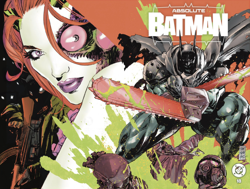 1boy, 1girl, absolute_batman, absolute_dc, back_spikes, bat_mask, batman, batman_(absolute_dc), batman_(series), bodysuit, chainsaw, clay_mann, comic_cover, cowl, dc_comics, grey_bodysuit, highres, holding, holding_chainsaw, muscular, muscular_male, poison_ivy, poison_ivy_(absolute_dc), red_hair, splashing, superhero_costume