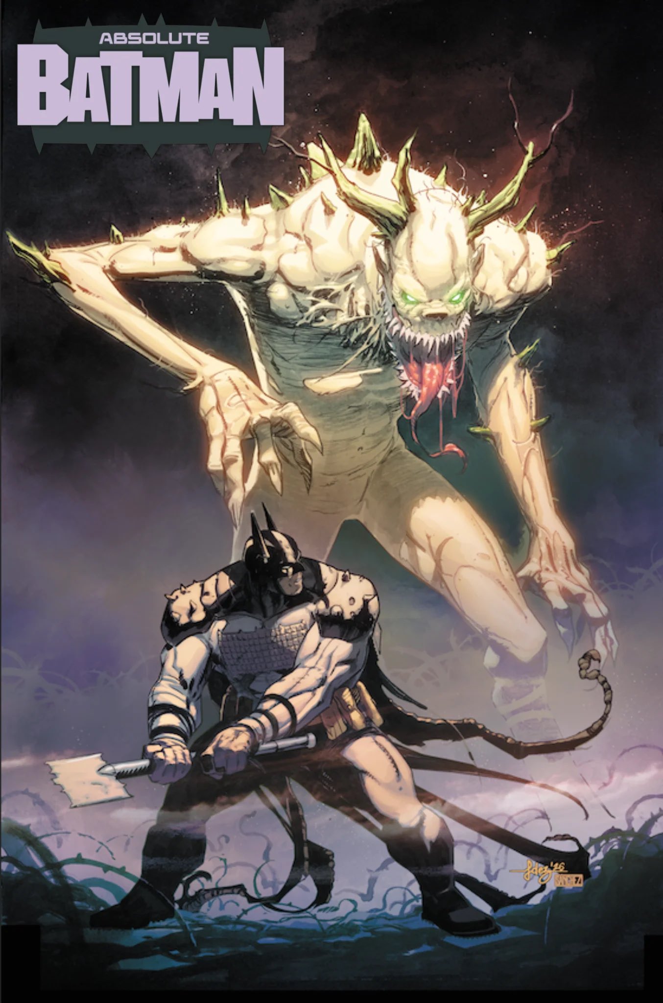 2boys, absolute_batman, absolute_dc, axe, back_spikes, bat_mask, batman, batman_(absolute_dc), batman_symbol, battle_axe, bodysuit, comic_cover, cowl, dc_comics, fighting_stance, grey_bodysuit, highres, holding, holding_axe, javierfdezart, joker_(dc), male_focus, monster, multiple_boys, superhero_costume, taut_bodysuit, weapon