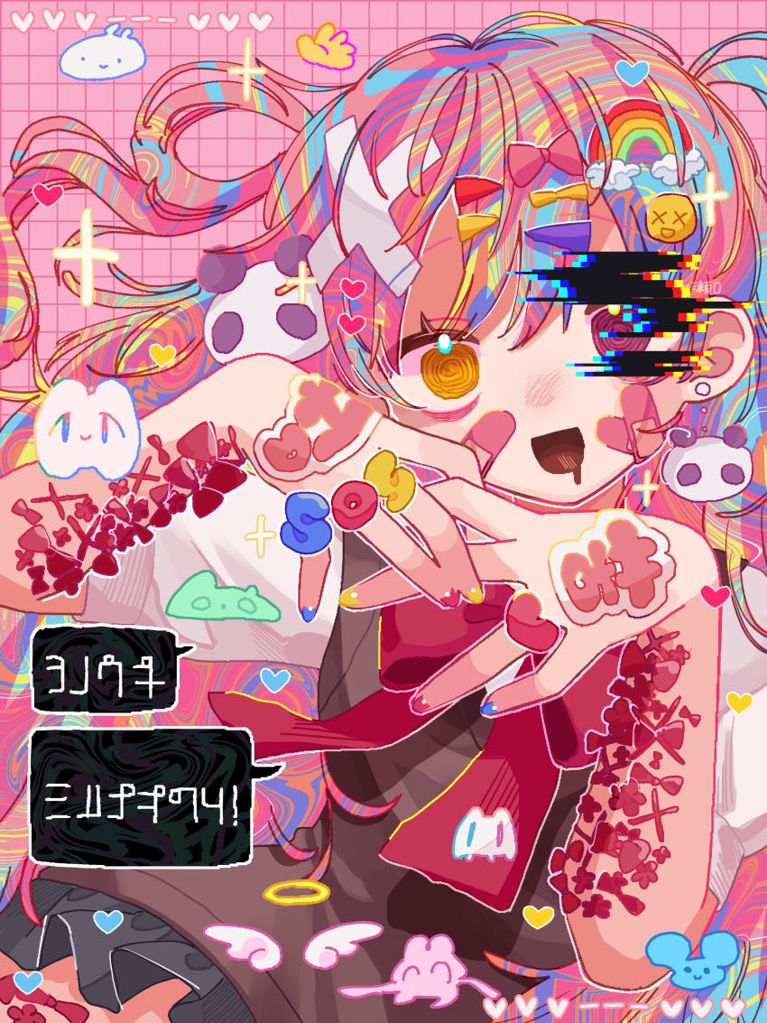 1girl, :d, @_@, \||/, abstract_background, absurdres, angel_wings, bad_anatomy