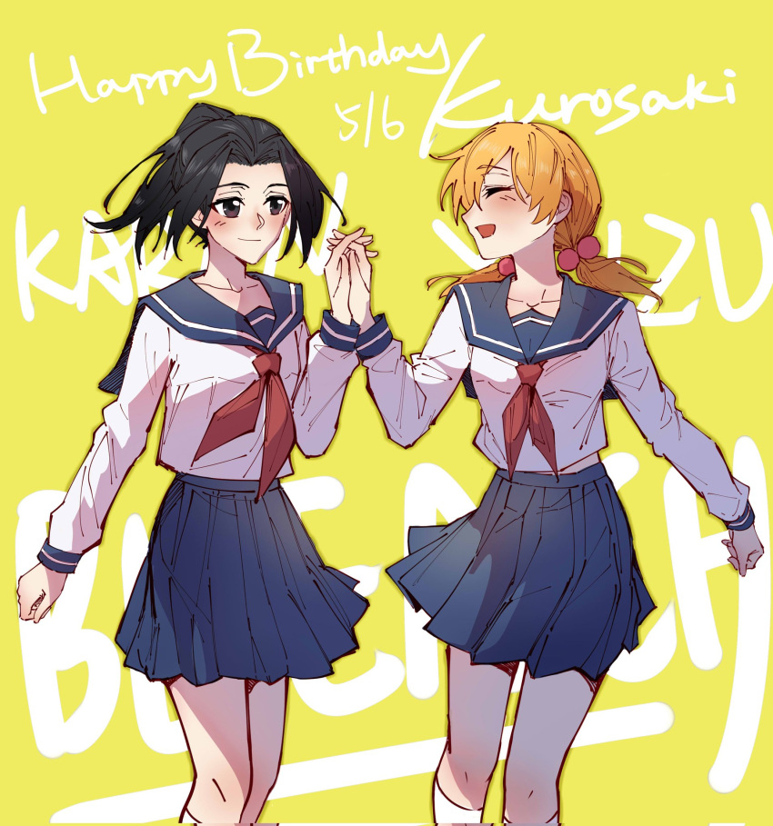 2girls, black_hair, bleach, bleach:_sennen_kessen-hen, brown_eyes, character_name, closed_eyes, commentary, copyright_name, corrupted_twitter_file, english_commentary, hair_bobbles, hair_ornament, happy_birthday, high_ponytail, highres, holding_hands, interlocked_fingers, kneehighs, kurosaki_karin, kurosaki_yuzu, long_sleeves, low_twintails, miniskirt, multiple_girls, open_mouth, orange_hair, pleated_skirt, ponytail, school_uniform, serafuku, siblings, silegesi, sisters, skirt, smile, socks, twins, twintails, white_socks