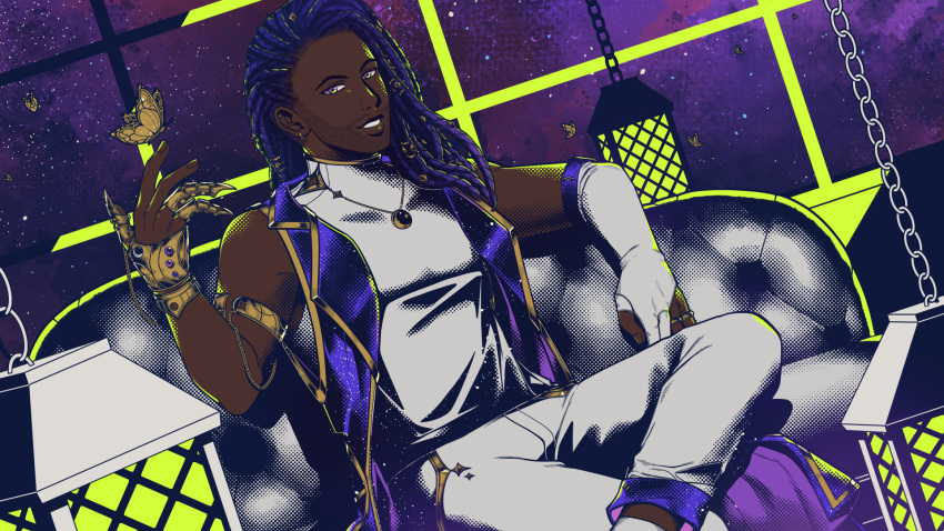 1boy, armlet, asterian_(synthesizer_v), bare_shoulders, beard_stubble, blue_hair, bridal_gauntlets, bug