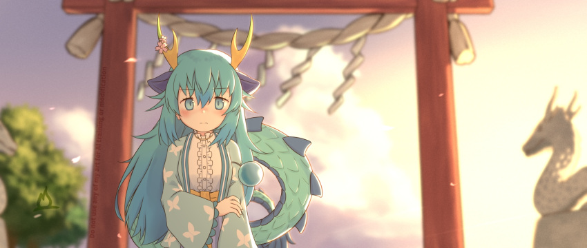 1girl, blue_dragon_(kemono_friends), blue_eyes, blue_hair, blush, breasts, center_frills, commentary_request