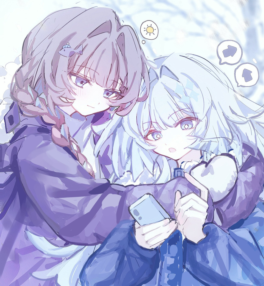 2girls, arrow_(symbol), blue_coat, blue_eyes, blue_hair, blue_streaks, blunt_bangs, braid, bright_pupils, cerydra_(honkai:_star_rail), coat, commentary, diamond-shaped_pupils, diamond_(shape), fish_hair_ornament, hair_intakes, hair_ornament, highres, holding, holding_phone, honkai:_star_rail, honkai_(series), hysilens_(honkai:_star_rail), long_hair, mittens, multiple_girls, nekooooowo, phone, purple_coat, purple_hair, simple_background, speech_bubble, sun, symbol-shaped_pupils, untranslatable_commentary, white_background, white_mittens, white_pupils, winter_clothes, winter_coat