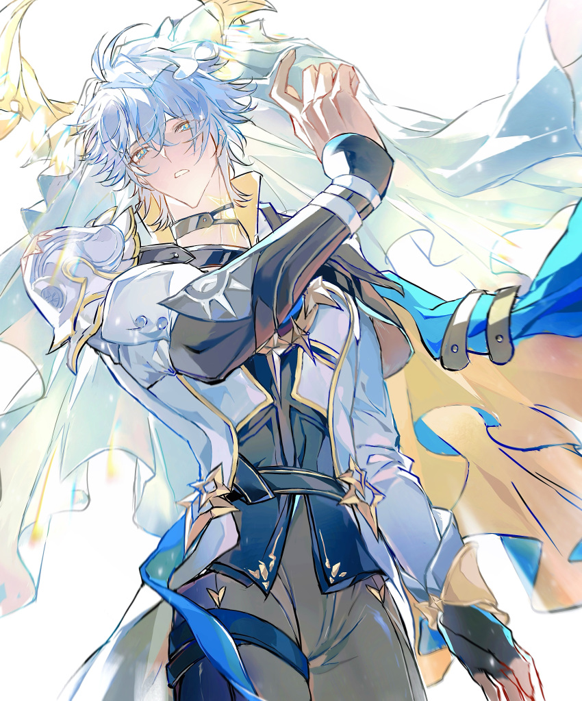 1boy, absurdres, antenna_hair, armor, black_choker, black_gloves, black_shirt, blue_cape