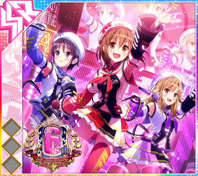 3girls, :d, album_cover, amane_ai, anniversary, arm_up, beret, blush