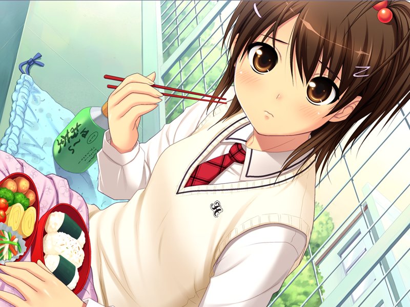 1girl, bento, bishoujo_(game), blush, brown_eyes, brown_hair, chopsticks, dutch_angle, food, game_cg, hair_bobbles, hair_ornament, hairclip, necktie, nonohara_miki, omelet, onigiri, school_uniform, side_ponytail, solo, sweater_vest, tamagoyaki, watase_tamaki