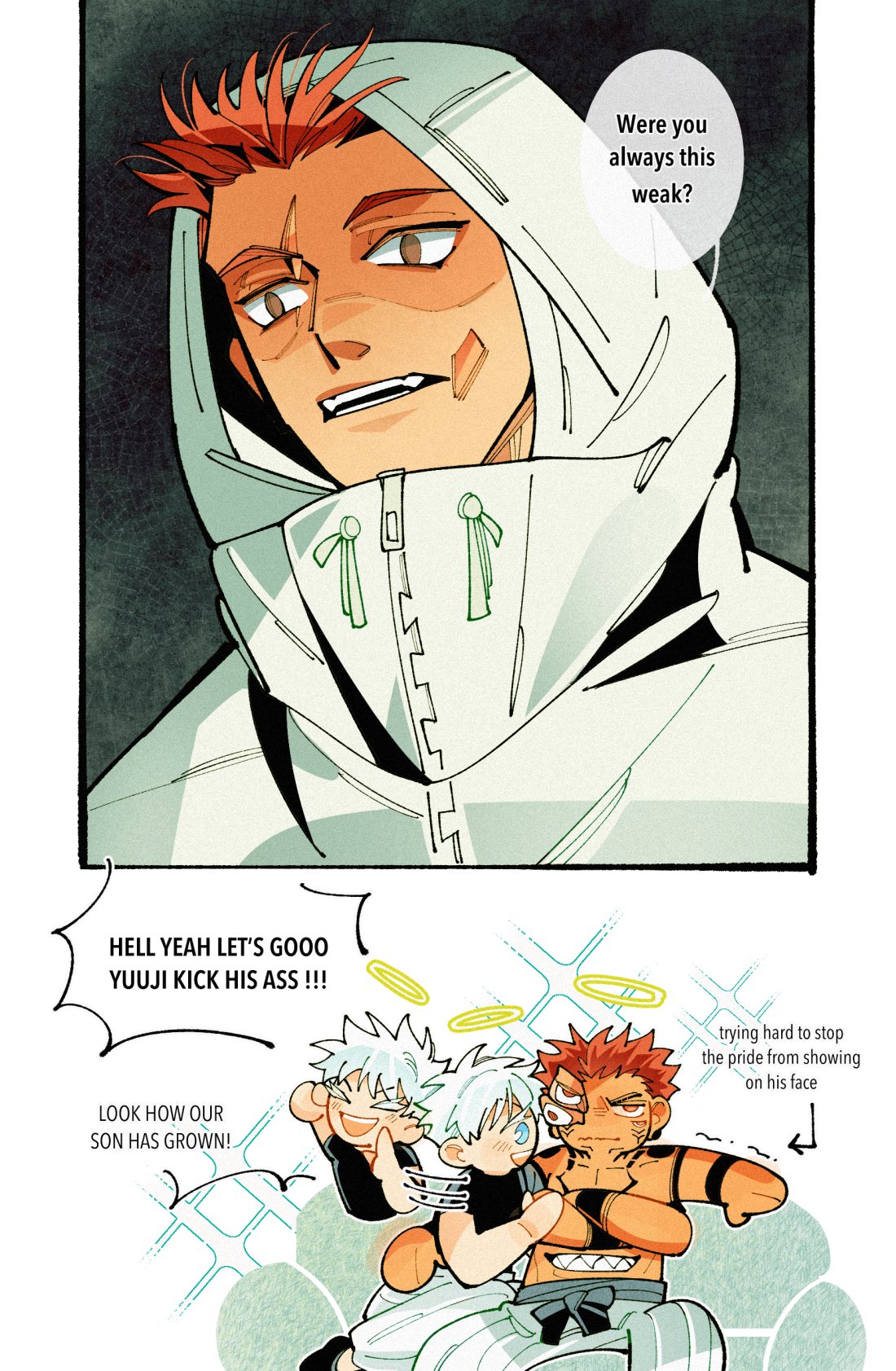 308albi, 3boys, brown_hair, english_text, gojou_satoru, highres, hood, hooded_jacket, itadori_yuuji, jacket, jujutsu_kaisen, jujutsu_kaisen_modulo, male_focus, multiple_boys, proud, ryoumen_sukuna_(jujutsu_kaisen), spirit, tattoo, teacher_and_student, white_hair