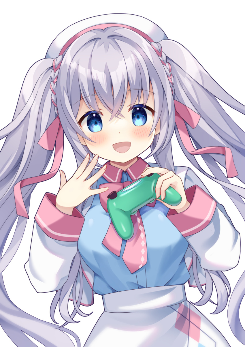1girl, beret, blue_eyes, blue_shirt, bow, bowtie, collar, commentary_request