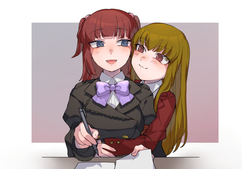 2girls, :3, :d, black_shirt, blue_eyes, blunt_bangs, bow, brown_hair, coat, hair_bobbles, hair_ornament, highres, holding, holding_paper, hug, hug_from_behind, looking_at_another, mammon_(umineko), multiple_girls, ningenimomusi, paper, pen, purple_bow, red_coat, red_eyes, red_hair, shirt, simple_background, smile, umineko_no_naku_koro_ni, ushiromiya_ange, white_shirt, yuri