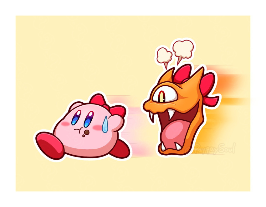 angry_scarfy, blush_stickers, chocolate, colored_skin, fangs, food, food_on_face, full_mouth, highres, kirby, kirby_(series), no_humans, one-eyed, open_mouth, orange_skin, outline, paypaysoul, pink_skin, red_ribbon, ribbon, scarfy, sweatdrop, valentine, watermark, white_outline, yellow_background