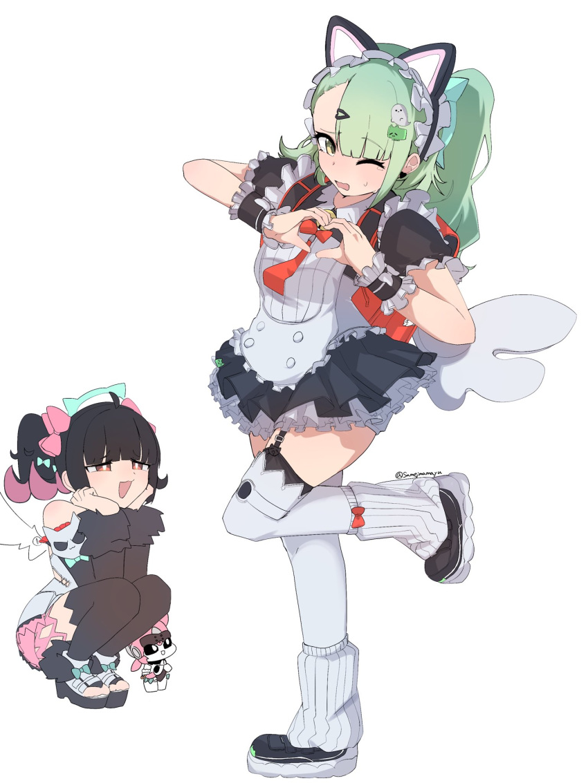 3girls, :d, angels_of_delusion, animal_ear_hairband, animal_ears, aria_(zenless_zone_zero), backpack, bag, bare_shoulders, black_dress, black_garter_straps, black_hair, black_thighhighs, cat_ear_hairband, cat_ears, commentary_request, dress, fake_animal_ears, garter_straps, green_eyes, green_hair, hairband, halo, heart, heart_hands, highres, humanoid_robot, long_sleeves, looking_at_another, looking_at_viewer, maid, maid_headdress, mini_person, minigirl, multicolored_hair, multiple_girls, nangong_yu, one_eye_closed, open_mouth, pink_hair, red_bag, robot, robot_girl, samejimamayu, short_sleeves, simple_background, smile, standing, standing_on_one_leg, sunna_(afternoon_tea_break)_(zenless_zone_zero), sunna_(zenless_zone_zero), thigh-highs, twitter_username, two-tone_hair, white_background, white_thighhighs, wings, zenless_zone_zero