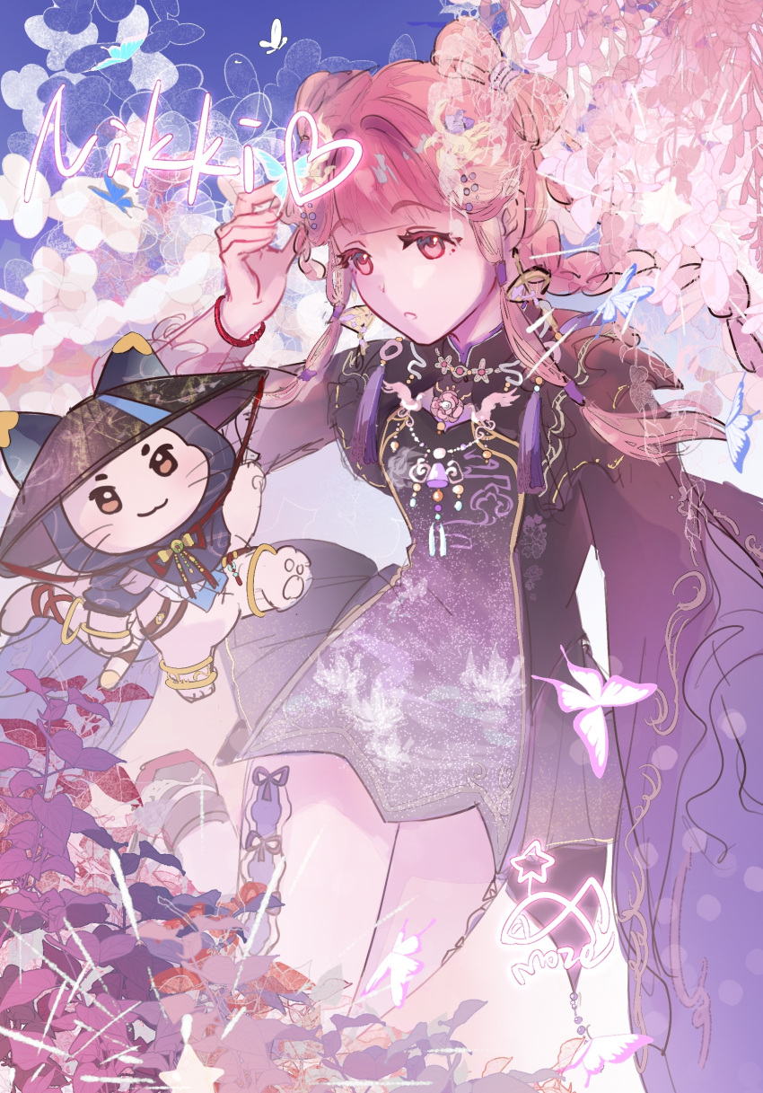 :3, :o, ankle_ring, black_cloak, black_dress, black_hat, blue_sky, bow