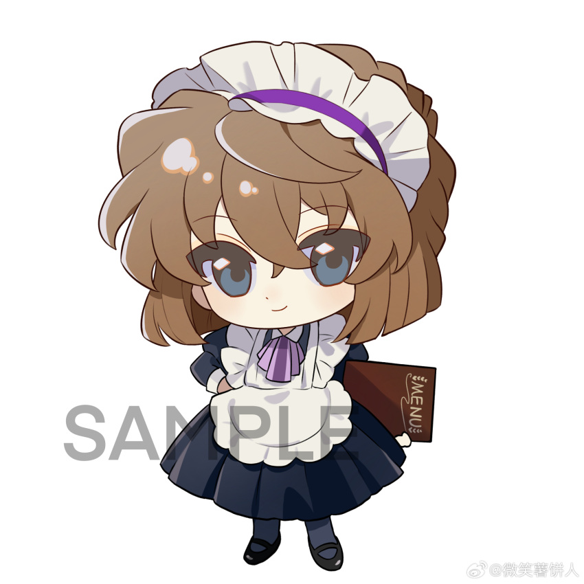 1girl, apron, ascot, bisho_imobing_hito, black_shoes, blue_eyes, brown_hair, chibi