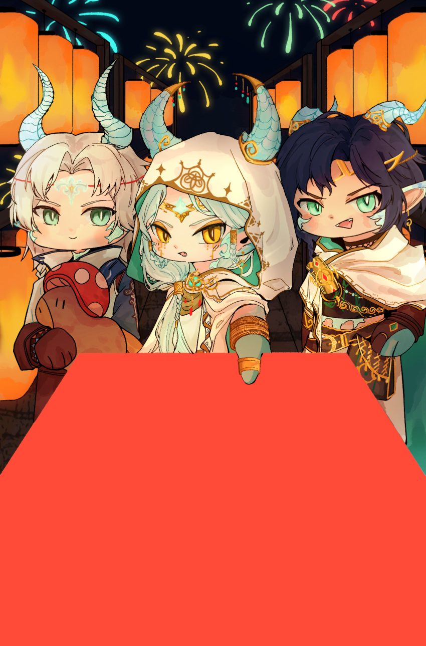 1girl, 2boys, aerial_fireworks, belt, black_hair, black_shirt, blue_hair, blue_horns