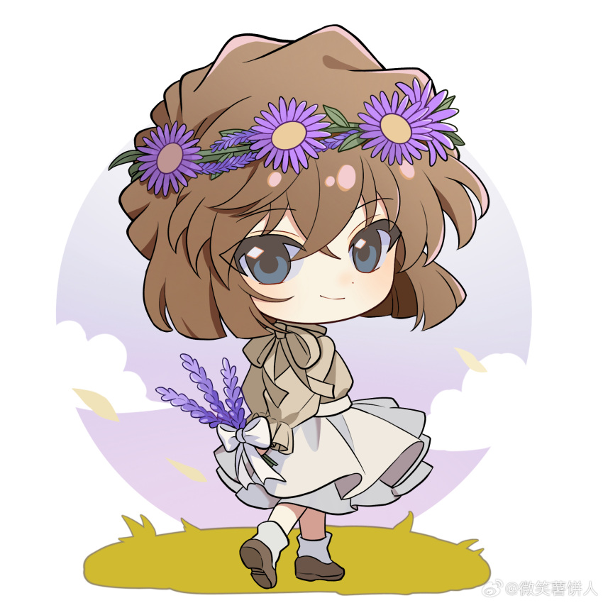 1girl, bisho_imobing_hito, blue_eyes, brown_hair, brown_shoes, closed_mouth, commentary_request, flower