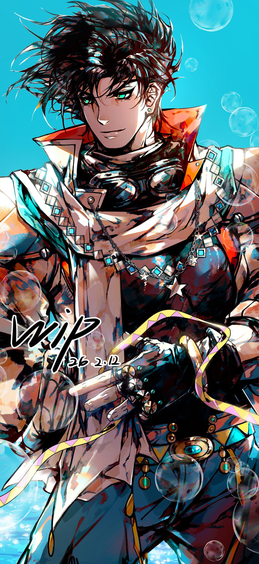 1boy, absurdres, alternate_costume, aqua_eyes, battle_tendency, belt, black_gloves, black_hair