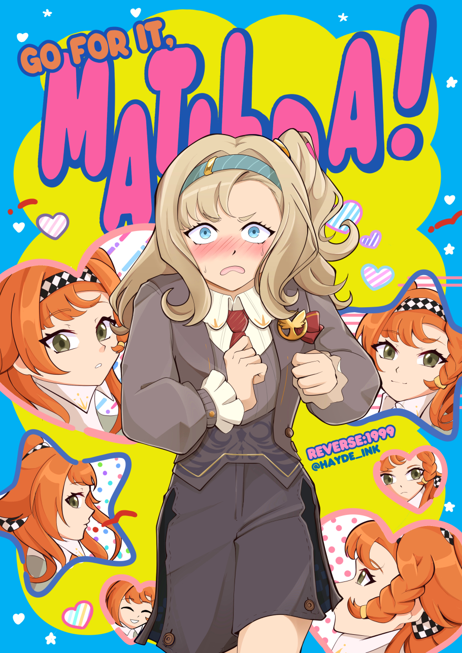 2girls, blue_background, blue_eyes, blue_hairband, blush, braid, braided_sidelock, checkered_hairband