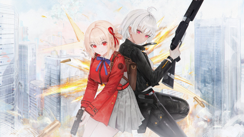 2girls, backpack, bag, black_jacket, black_pants, blonde_hair, bracelet, breasts