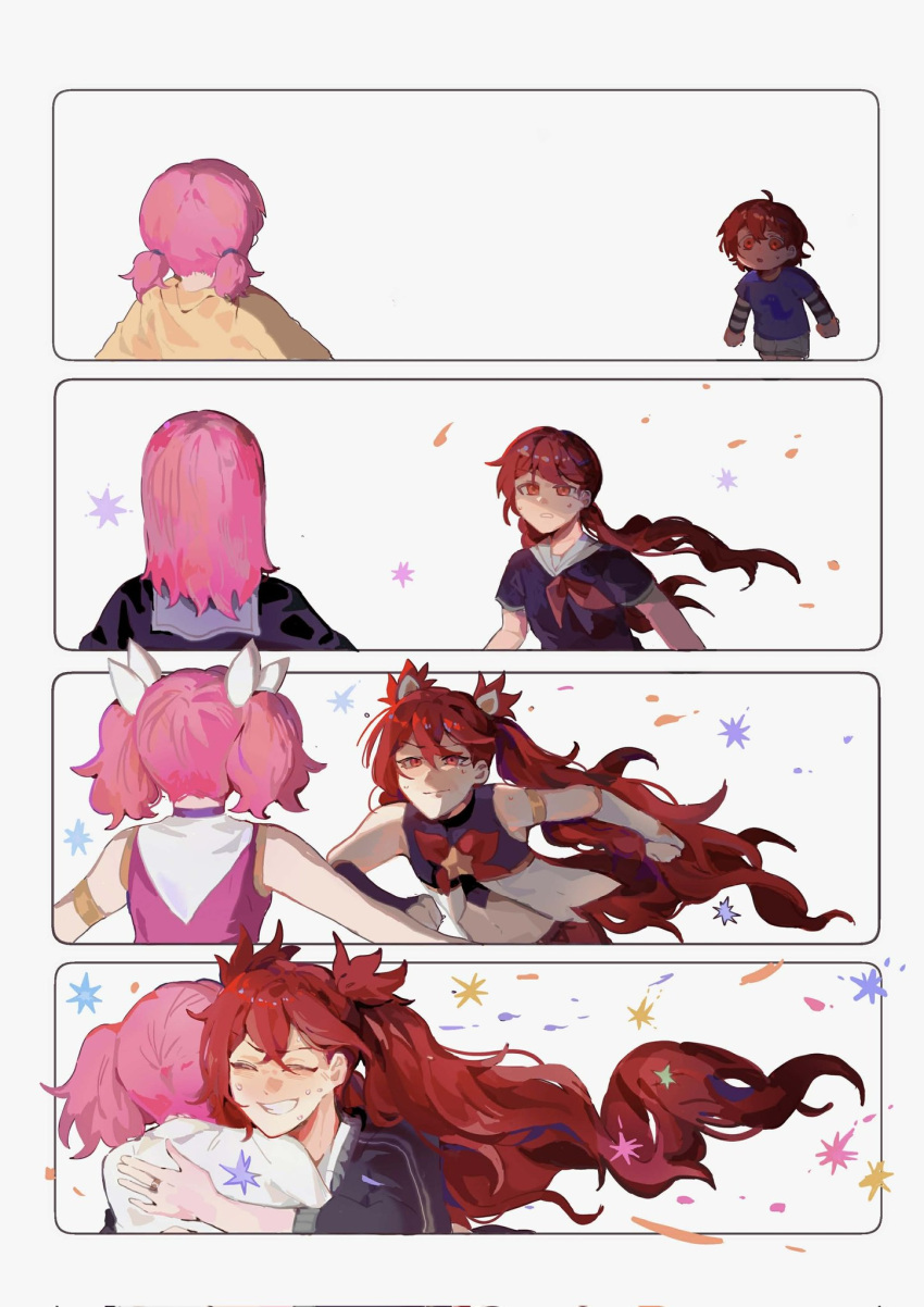2girls, aged_down, bare_shoulders, bow, bowtie, bridal_gauntlets, child, closed_eyes, grin, highres, hug, jinx_(league_of_legends), kid_sppinarl, league_of_legends, long_hair, lux_(league_of_legends), medium_hair, multiple_girls, open_mouth, pink_hair, red_bow, red_bowtie, red_eyes, red_hair, smile, star_guardian_jinx, star_guardian_lux, teeth, twintails, white_background, yuri