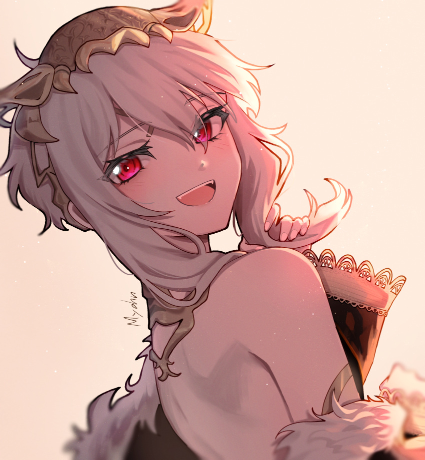 1girl, :d, adjusting_hair, back, bare_shoulders, blush, code_vein_ii, commentary_request