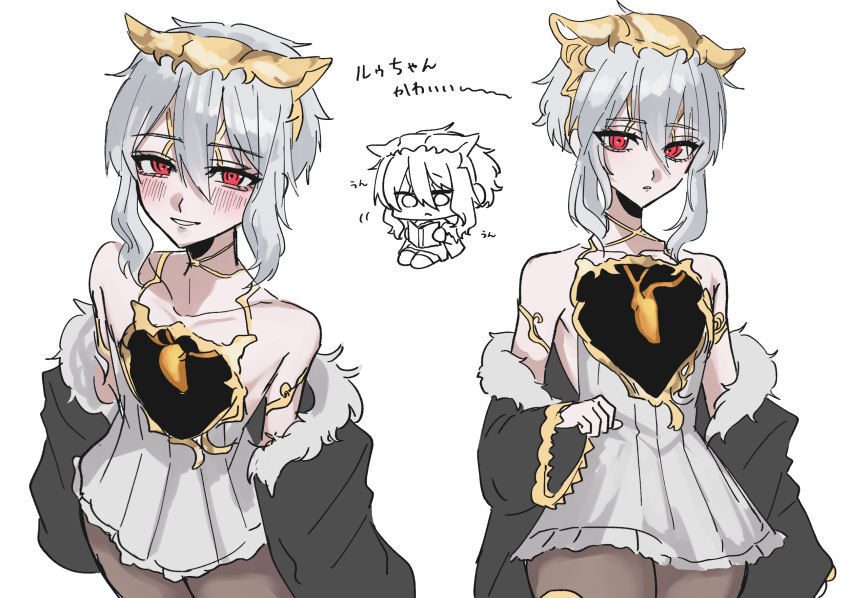 1girl, bare_shoulders, black_jacket, blush, chibi, code_vein_ii, commentary_request, dress, eikou_(rkgk_eikou), exposed_heart, fur-trimmed_jacket, fur_trim, gold_trim, hair_between_eyes, headpiece, highres, hole_in_chest, hole_on_body, jacket, jacket_partially_removed, kintsugi, lou_magmell, multiple_views, pantyhose, red_eyes, short_hair_with_long_locks, sidelocks, simple_background, smile, white_background, white_dress, white_hair