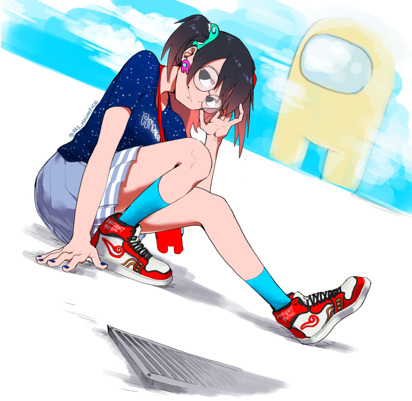 1girl, absurdres, amogus_girl, among_us, black_hair, blue_nails, blue_shirt, blue_socks, blush, borrowed_character, character_ear_piercing, character_hair_ornament, clothes_writing, commentary, english_commentary, glasses, grey_skirt, hair_ornament, highres, jimiko, long_hair, looking_at_viewer, rei_magnifico, round_eyewear, shirt, shoes, short_twintails, skirt, smile, sneakers, socks, solo, twintails, twitter_username