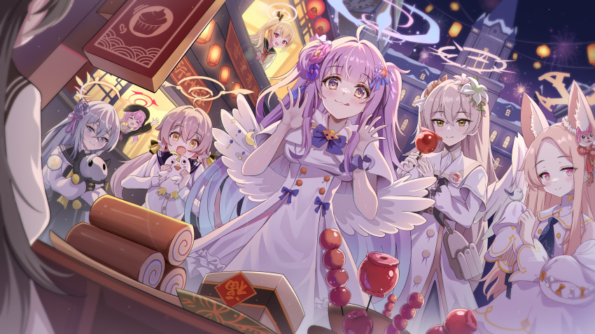 6+girls, :d, absurdres, angel_wings, animal_ears, anniversary, azusa_(blue_archive), back, beckoning, bird, bird_wings, black_hair, black_shirt, blonde_hair, blue_archive, blue_eyes, blue_halo, bow, bowtie, bribery, building, cable_car, cake, ccczr, chinese_knot, city_lights, clock, clock_tower, closed_mouth, commentary_request, countdown, demon_doll, demon_horns, doll, door, dress, excited, faceless, faceless_female, food, gradient_hair, grey_hair, hair_bun, hair_spread_out, halo, hands_in_own_hair, hands_up, hifumi_(blue_archive), highres, holding, holding_doll, holding_tanghulu, horns, koharu_(blue_archive), lantern, laughing, long_hair, long_sleeves, looking_at_another, looking_at_object, looking_to_the_side, mika_(blue_archive), multicolored_hair, multiple_girls, nagisa_(blue_archive), neckerchief, necktie, night, open_mouth, outdoors, paper_lantern, pink_eyes, pink_hair, pink_halo, plate, ponytail, purple_hair, rainbow_rice_cake, rappelling, red_eyes, red_halo, red_neckerchief, red_necktie, sailor_collar, school_uniform, scrunchie, seia_(blue_archive), shirt, shop, shopping, side_ponytail, signboard, smile, spread_fingers, standing, sticker, store_clerk, storefront, swiss_roll, table, tanghulu, topknot, tower, twintails, white_dress, white_hair, window, wings, wrist_scrunchie, yellow_eyes, yellow_halo