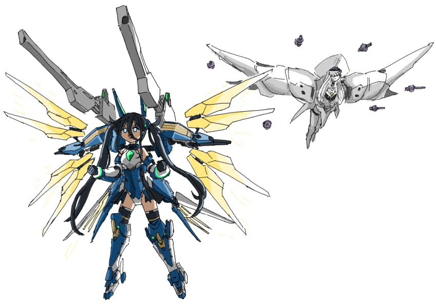 2girls, after_war_gundam_x, aris_(armed)_(blue_archive), aris_(blue_archive), bare_shoulders, black_hair, blue_archive, blue_eyes, energy_gun, funnels_(gundam), glowing, gundam, gundam_double_x, hair_between_eyes, jigura, long_hair, malkuth_(blue_archive), mecha_musume, mechanical_wings, multiple_girls, parody, satellite_cannon, shoulder_cannon, thigh-highs, twintails, very_long_hair, weapon, white_background, wings
