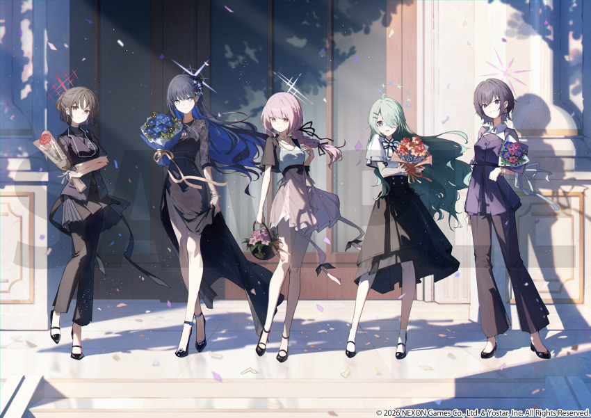 5girls, absurdres, aqua_hair, arius_squad_(blue_archive), atsuko_(blue_archive), basket, black_dress, black_hair