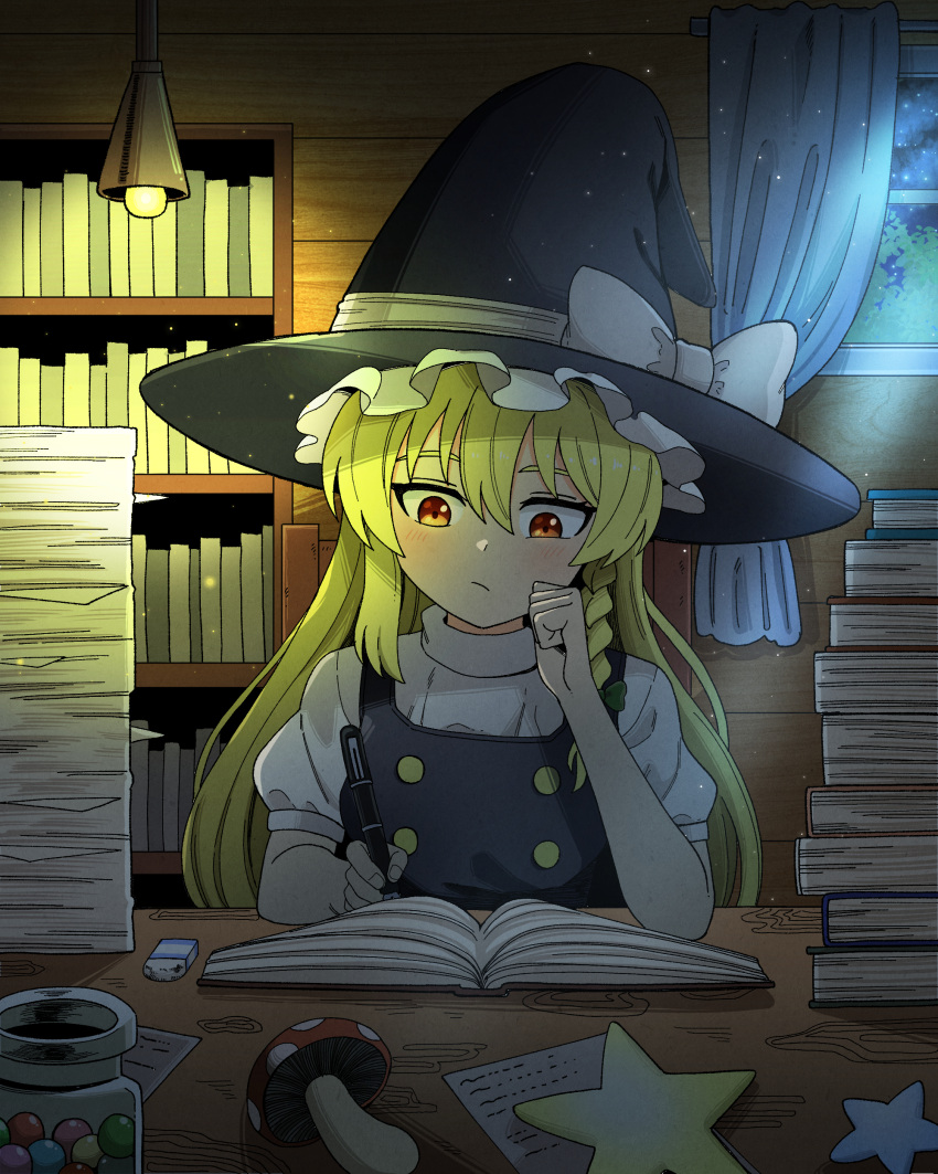 1girl, absurdres, black_hat, black_vest, blonde_hair, book, bookshelf, bow