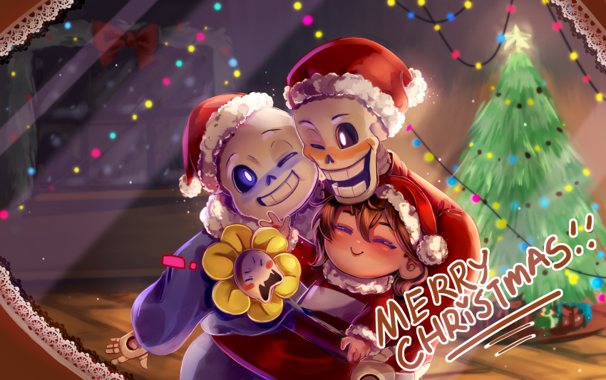!, 1other, 2023, 2d, 3boys, alternate_costume, ambiguous_gender, annalee-sama, blue_sweater, blush, blush_stickers, brothers, brown_hair, child, christmas, christmas_lights, christmas_tree, commentary, digital_media, double_horizontal_stripe, english_commentary, flower, flowey_(undertale), frisk_(undertale), fur-trimmed_hat, fur-trimmed_sweater, fur_trim, group_hug, hat, highres, horizontal-striped_clothes, hug, human, humanoid, indoors, long_sleeves, making-of_available, merry_christmas, monster, monster_boy, multiple_boys, one_eye_closed, open_mouth, painttool_sai_(medium), papyrus_(undertale), photo_(object), pine_tree, plant, red_sweater, sans_(undertale), santa_hat, short_hair, siblings, skeleton, striped_clothes, striped_sweater, sweater, teeth, tree, two-tone_sweater, undead, undertale, utdr_(toby_fox), yellow_flower