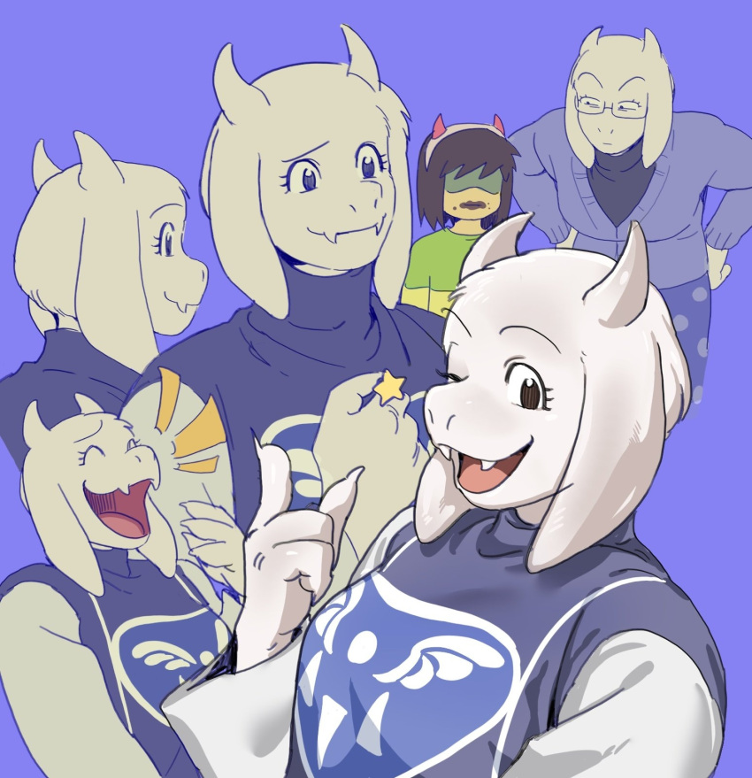 1girl, 1other, 2025, 2d, ambiguous_gender, animal_ears, anthro, body_fur, brown_hair, cardigan, closed_eyes, delta_rune_(symbol), delta_rune_print, deltarune, digital_media, dress, droopy_ears, duo, fake_horns, fangs, female, female_focus, floppy_ears, furry, furry_female, glasses, goat, goat_ears, goat_girl, goat_horns, green_shirt, hair_over_eyes, hairband, hand_up, hands_on_own_hips, highres, horizontal-striped_clothes, horn_hairband, horns, human, index_finger_raised, kris_(deltarune), laughing, leaning_forward, long_sleeves, mammal, monster, monster_girl, multiple_views, one_eye_closed, open_mouth, purple_background, purple_cardigan, purple_dress, purple_robe, red_horns, robe, shaded_face, shirt, short_hair, simple_background, single_horizontal_stripe, star_(symbol), striped_clothes, striped_shirt, toriel, ttudolee, two-tone_shirt, undertale, upper_body, utdr_(toby_fox), white_fur, white_horns, white_sleeves, yellow_stripes