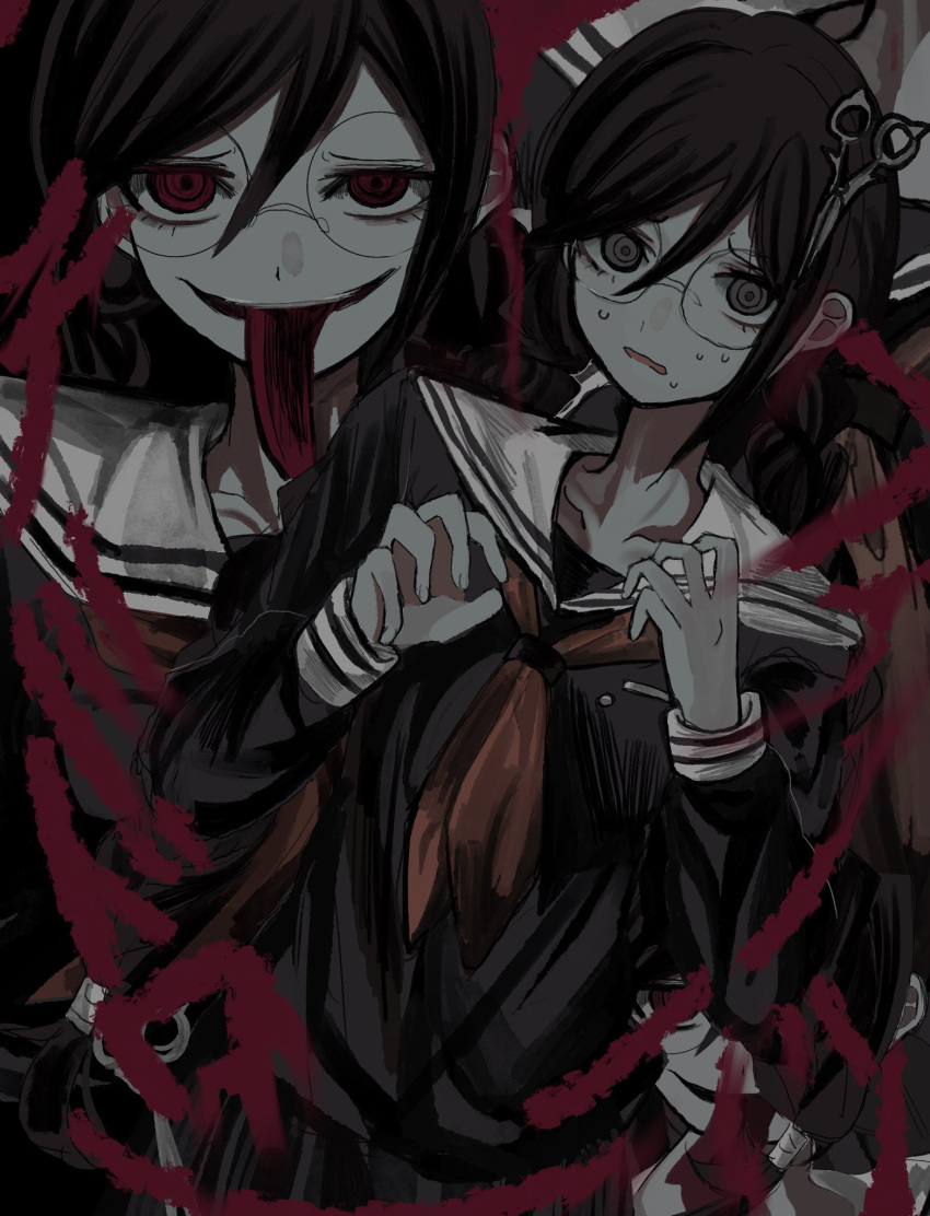 1girl, black_shirt, braid, commentary_request, danganronpa:_trigger_happy_havoc, danganronpa_(series), egao_(nsazrs), fukawa_toko