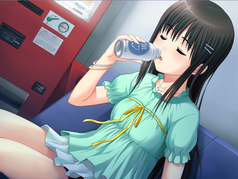 1girl, bishoujo_(game), black_hair, bottle, bracelet, closed_eyes, drinking, game_cg
