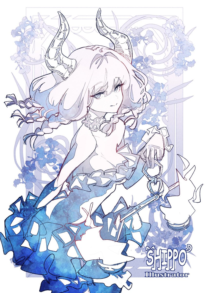 1girl, absurdres, artist_name, aura_(sousou_no_frieren), balance_scale, bare_shoulders, blue_theme, breasts, choker, commentary_request, demon_girl, demon_horns, dress, drill, drill_hair, fire, flower, frilled_dress, frilled_gloves, frills, from_side, frown, furrowed_brow, gloves, highres, holding_balance_scale, horns, lineart, looking_at_viewer, medium_breasts, profile, ship_o_man1015, short_hair, sideboob, signature, smile, solo, sousou_no_frieren, spooning, upper_body, weighing_scale, white_background, wince