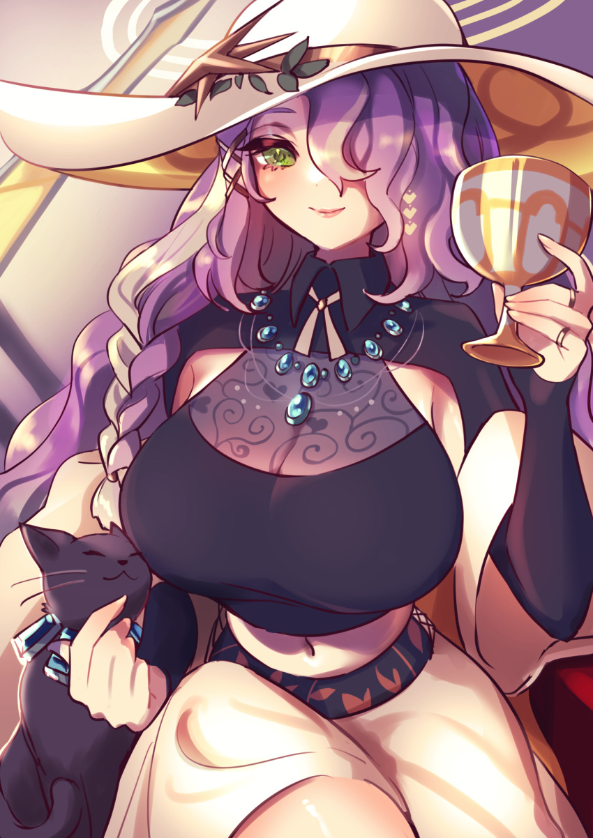 1girl, braid, breasts, closed_mouth, commentary_request, earrings, green_eyes, hair_over_one_eye, hat, highres, huge_breasts, jewelry, largamente_(monster_strike), long_hair, messy_hair, midriff, mole, mole_under_mouth, monster_strike, navel, poponnu, purple_hair, ribbon, ring, skirt