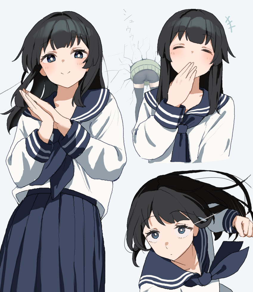 +++, 1boy, 1girl, black_hair, blue_neckerchief, blue_sailor_collar, blue_skirt, blush