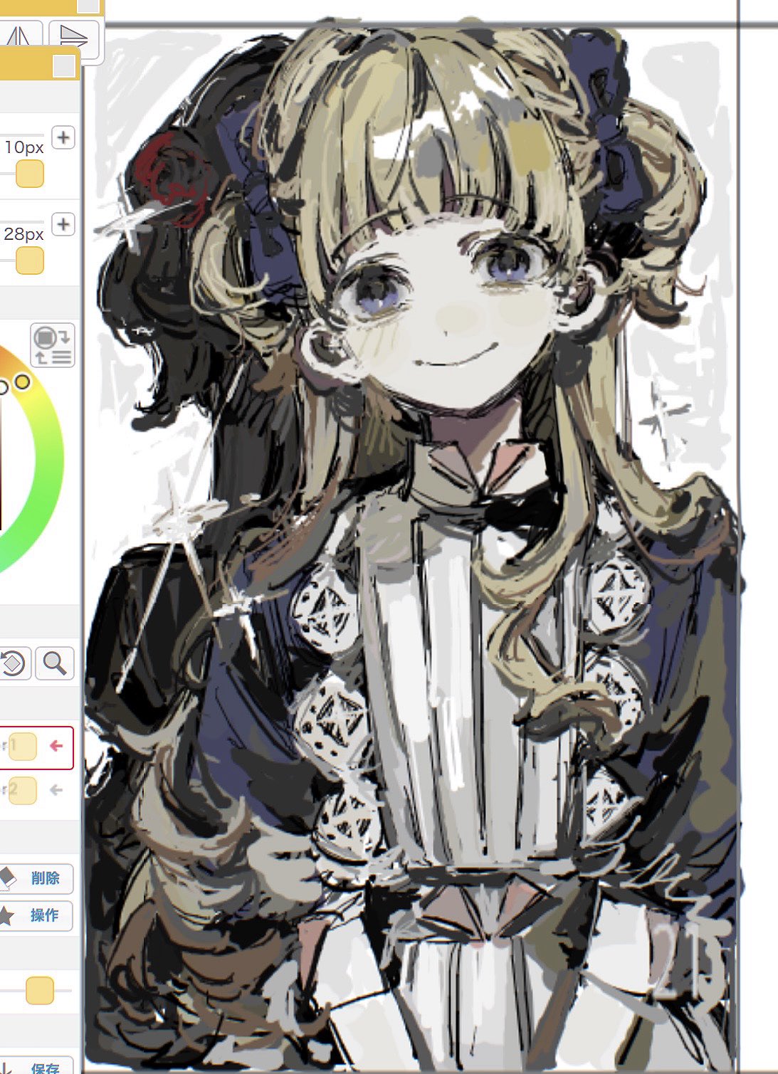 apron, art_program_in_frame, back-to-back, blonde_hair, blue_bow, blue_dress, blue_eyes, blunt_bangs