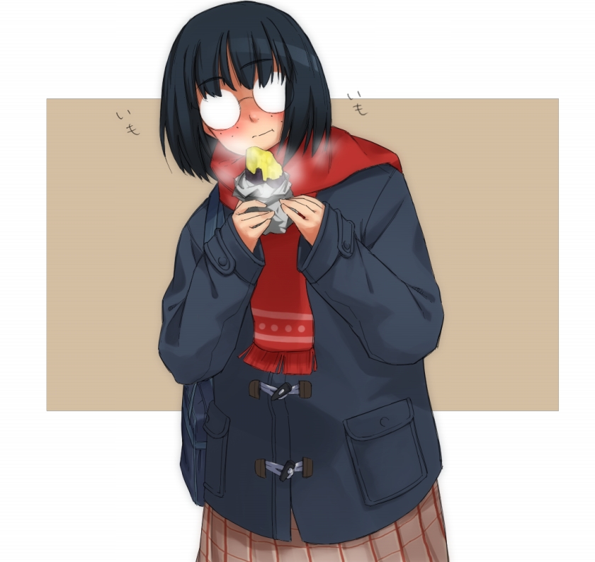 1girl, aiba-tsukiko, bag, black_hair, blush, eating, fogged_glasses, food