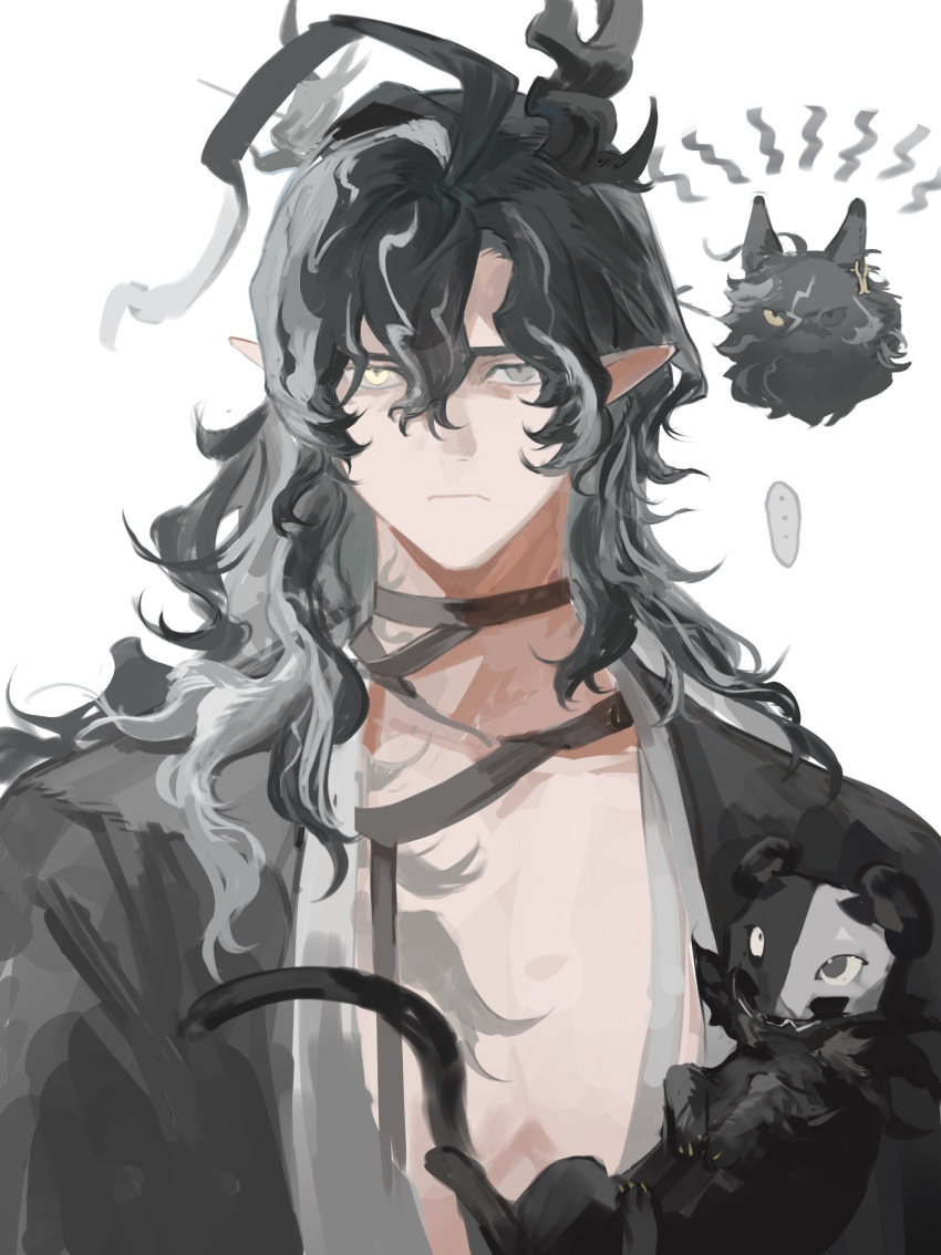 1boy, absurdres, animalization, arknights, bandaged_neck, bandages, black_bandages, black_cat
