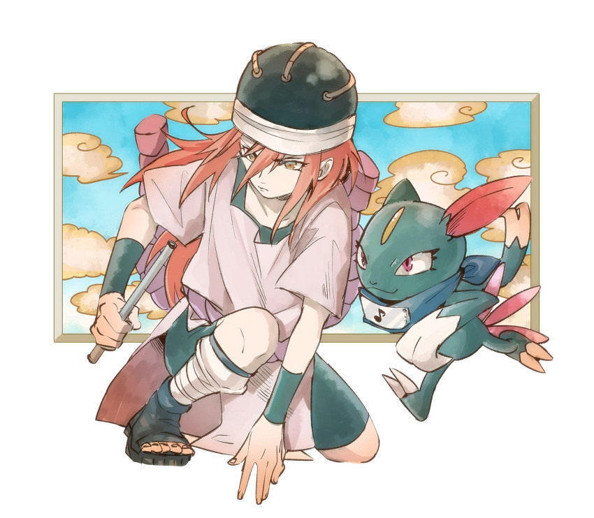 1girl, black_hat, black_sandals, black_shorts, commentary, flute, frown, full_body