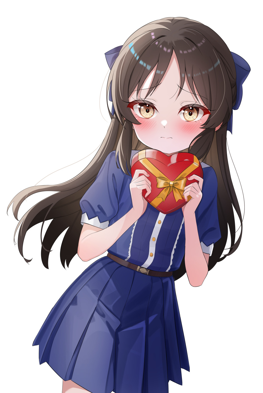 1girl, absurdres, blue_bow, blue_dress, blush, bow, box, brown_hair, dress, fella_(vpffk0731), gift, gift_box, hair_bow, heart-shaped_box, highres, holding, holding_gift, idolmaster, idolmaster_cinderella_girls, long_hair, looking_at_viewer, pleated_dress, short_sleeves, simple_background, solo, tachibana_arisu, valentine, very_long_hair, white_background, yellow_eyes