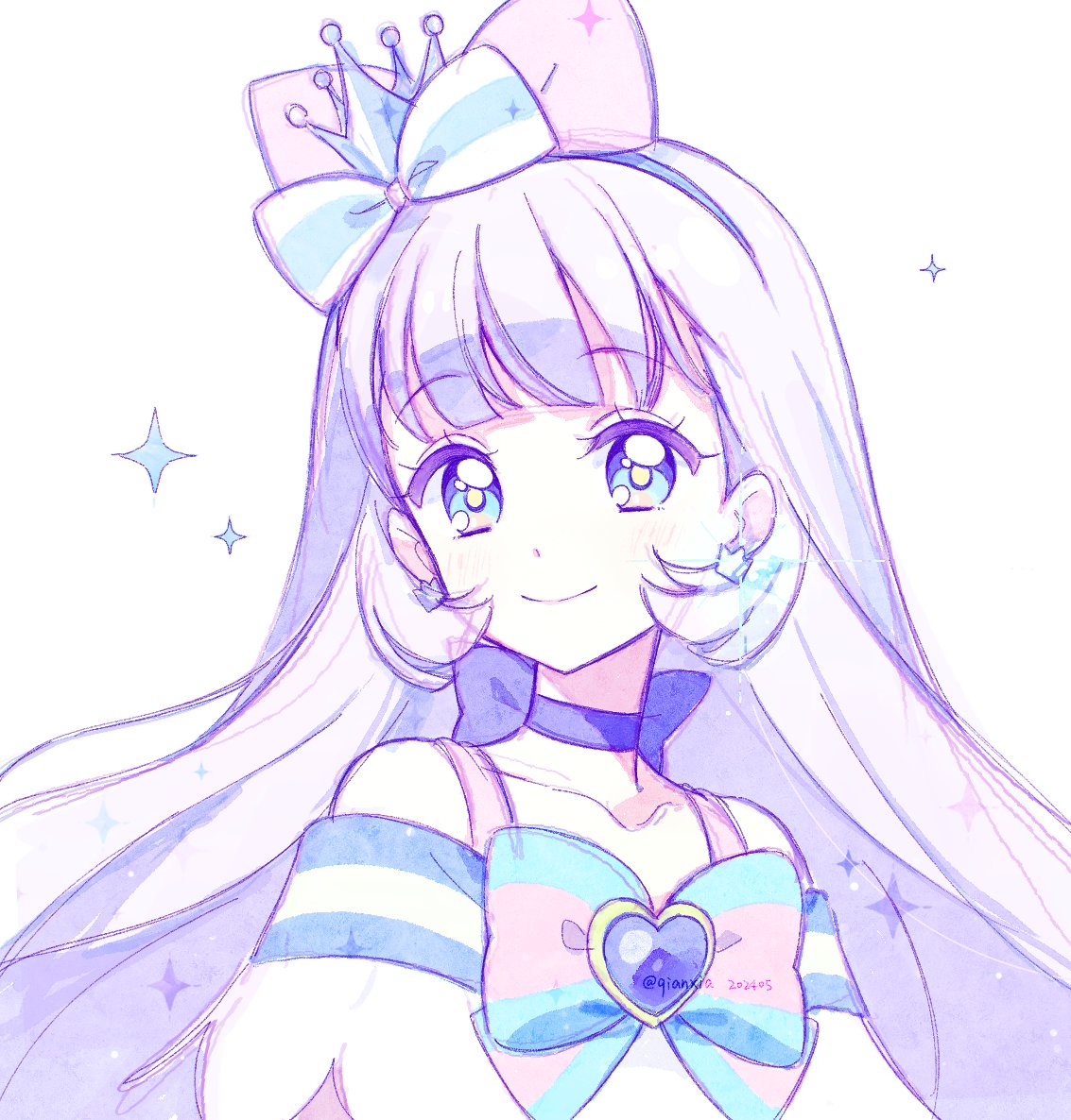 1girl, animal_ear_hairband, animal_ears, aqua_bow, bare_shoulders, blue_bow, blue_choker, blue_crown