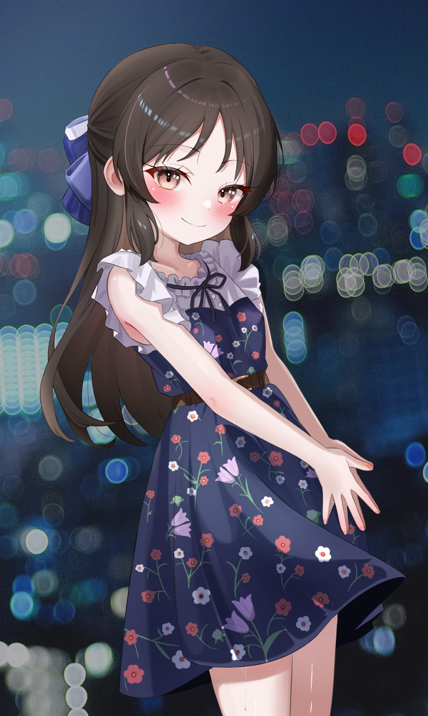 1girl, absurdres, bare_arms, blue_bow, blue_dress, blurry, blurry_background, blush