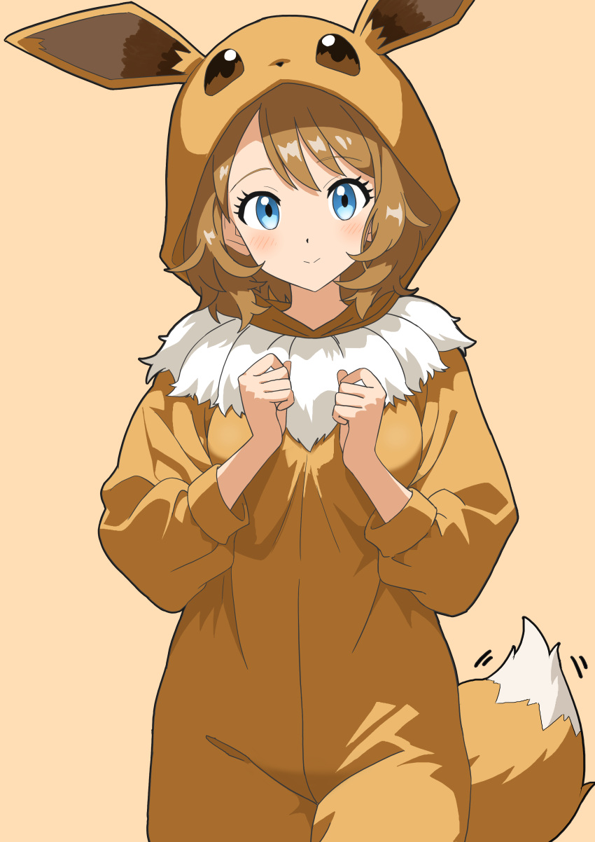 1girl, absurdres, blue_eyes, blush, brown_hair, closed_mouth, commentary_request, cosplay